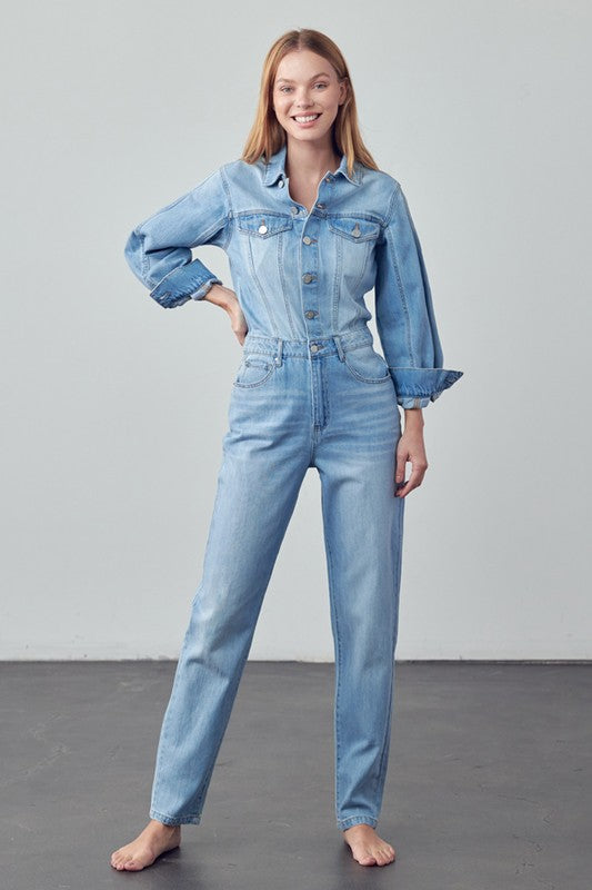 High Waist Flap Pocket Half Button Denim Jumpsuit MEDIUM by Denim Lab USA | Fleurcouture