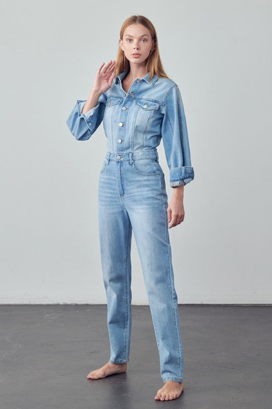 High Waist Flap Pocket Half Button Denim Jumpsuit MEDIUM by Denim Lab USA | Fleurcouture