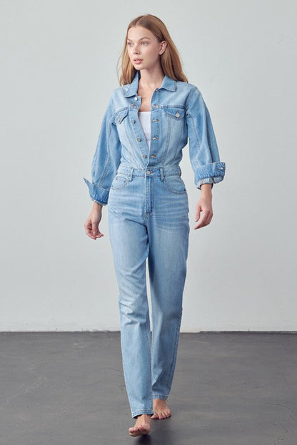 High Waist Flap Pocket Half Button Denim Jumpsuit MEDIUM by Denim Lab USA | Fleurcouture