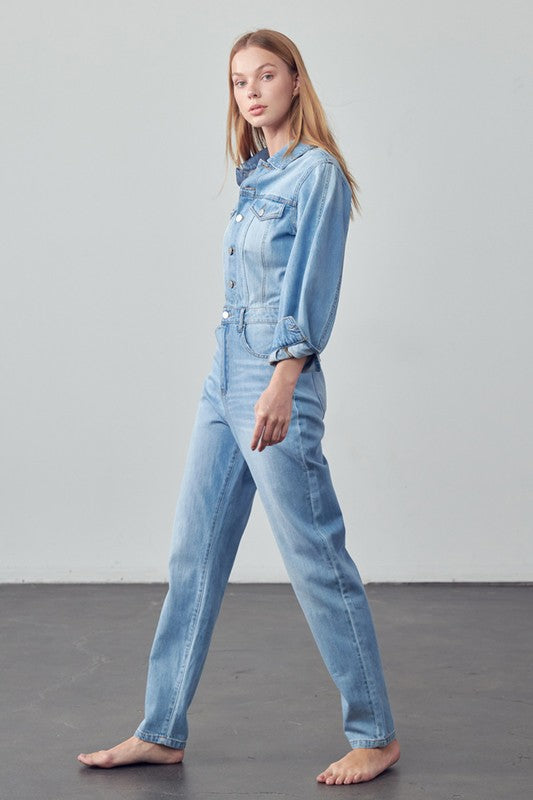 High Waist Flap Pocket Half Button Denim Jumpsuit MEDIUM by Denim Lab USA | Fleurcouture