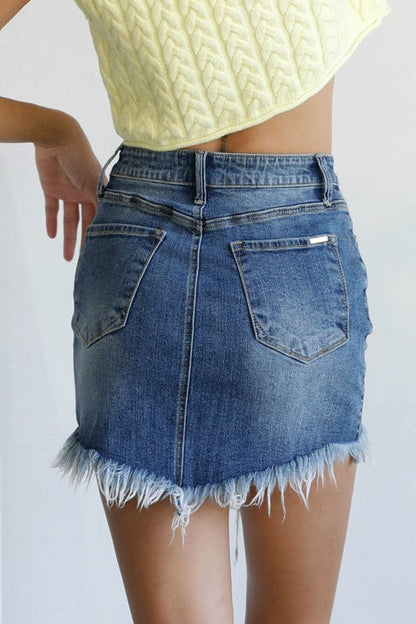 High Waist Long Frayed Hem Mini Denim Skirt MEDIUM by Denim Lab USA | Fleurcouture