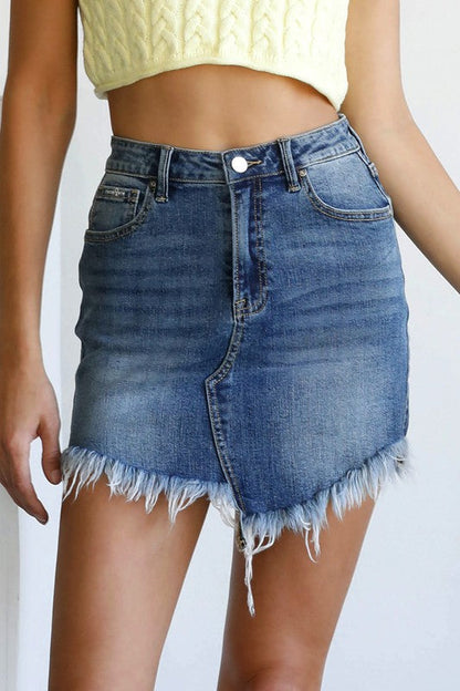 High Waist Long Frayed Hem Mini Denim Skirt MEDIUM S by Denim Lab USA | Fleurcouture