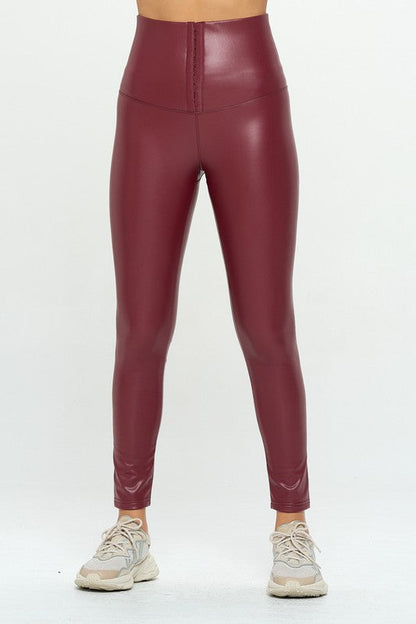 High Waist PU Leather Corset Cincher Pants Burgundy S by OTOS Active | Fleurcouture