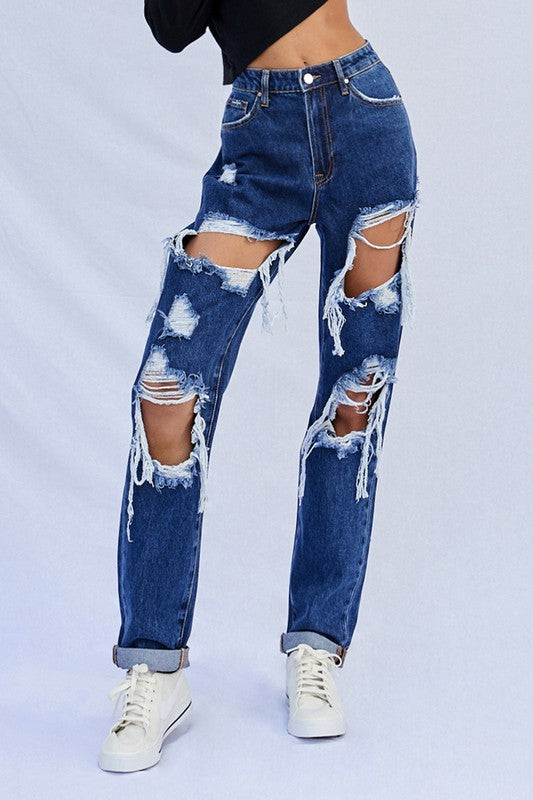 High Waist Ripped Baggy Jeans DARK 1 by Denim Lab USA | Fleurcouture