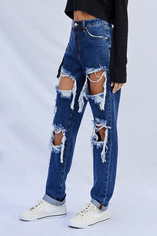 High Waist Ripped Baggy Jeans DARK by Denim Lab USA | Fleurcouture