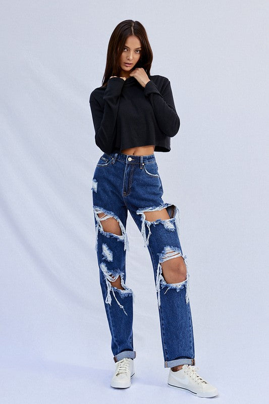 High Waist Ripped Baggy Jeans DARK by Denim Lab USA | Fleurcouture