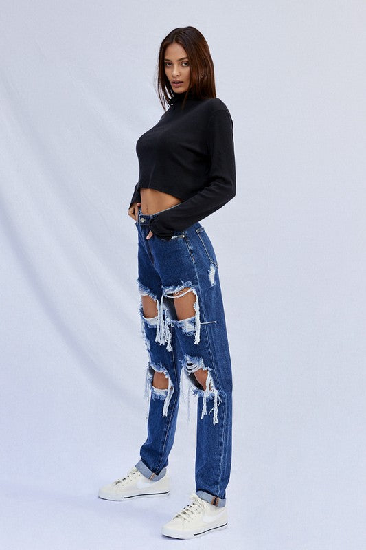 High Waist Ripped Baggy Jeans DARK by Denim Lab USA | Fleurcouture