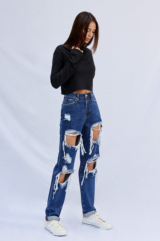 High Waist Ripped Baggy Jeans DARK by Denim Lab USA | Fleurcouture