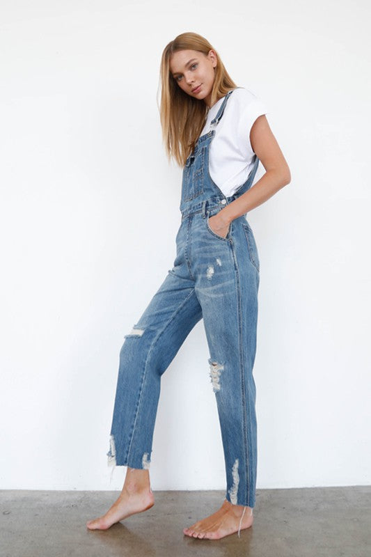 High Waist Ripped Straight Denim Overall Jumpsuit MEDIUM by Denim Lab USA | Fleurcouture