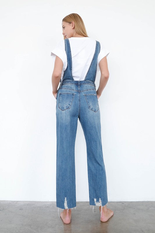 High Waist Ripped Straight Denim Overall Jumpsuit MEDIUM by Denim Lab USA | Fleurcouture