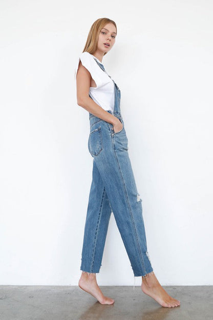 High Waist Ripped Straight Denim Overall Jumpsuit MEDIUM by Denim Lab USA | Fleurcouture