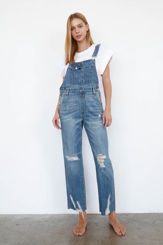 High Waist Ripped Straight Denim Overall Jumpsuit MEDIUM S by Denim Lab USA | Fleurcouture