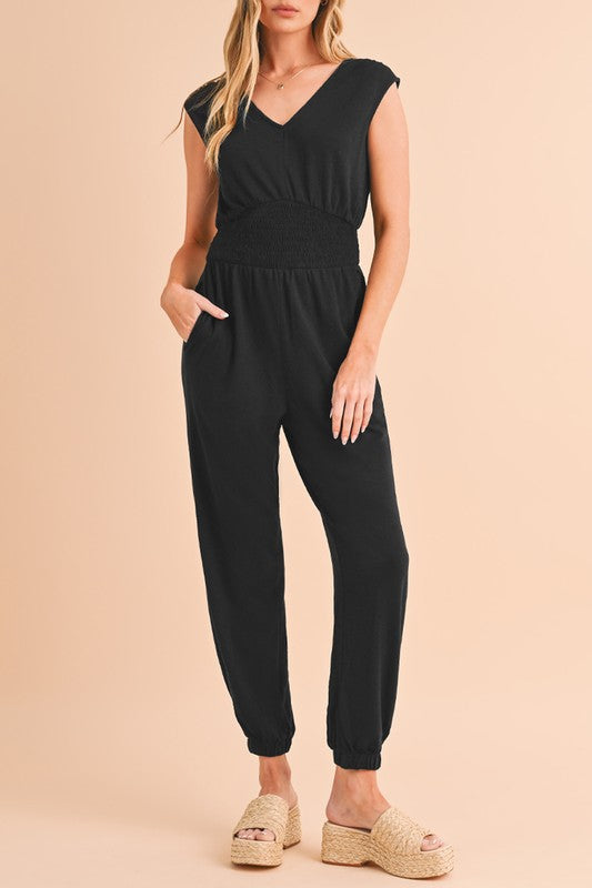 High Waist Sleeveless V Neck Jumpsuit BLACK SW6413088-P2 by SHEWIN INC. | Fleurcouture