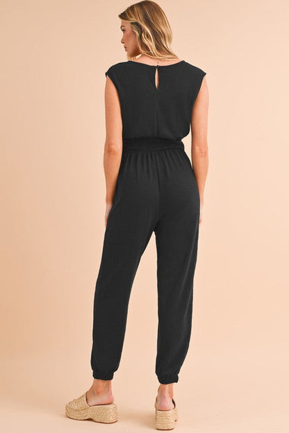 High Waist Sleeveless V Neck Jumpsuit BLACK SW6413088-P2 by SHEWIN INC. | Fleurcouture