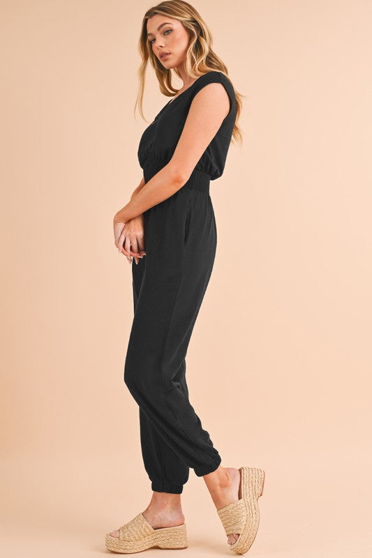 High Waist Sleeveless V Neck Jumpsuit BLACK SW6413088-P2 by SHEWIN INC. | Fleurcouture