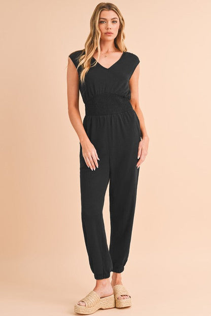 High Waist Sleeveless V Neck Jumpsuit BLACK SW6413088-P2 by SHEWIN INC. | Fleurcouture