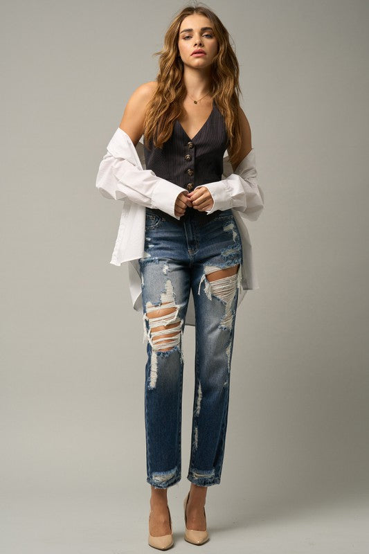 HIGH WAIST STRAIGHT HAVEY DESTROYED JEANS MEDIUM by Insane Gene | Fleurcouture