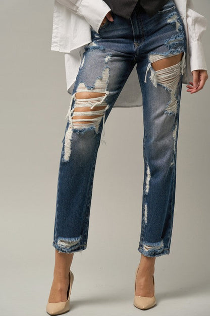 HIGH WAIST STRAIGHT HAVEY DESTROYED JEANS MEDIUM by Insane Gene | Fleurcouture