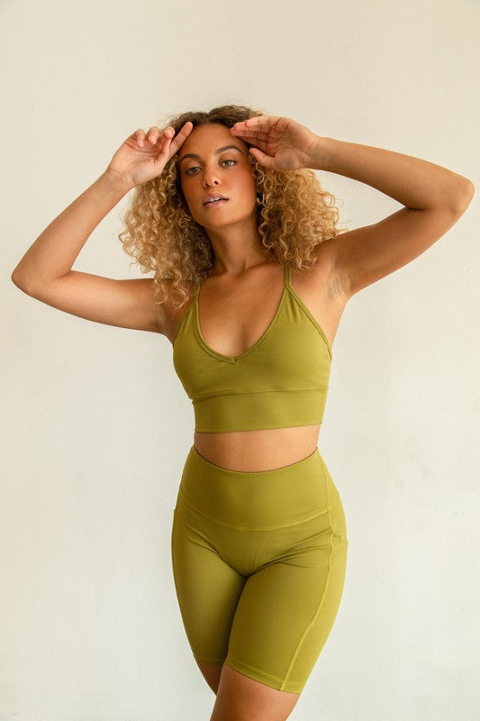 High Waist Yoga pants Short Side Pocket Olive S by OTOS Active | Fleurcouture