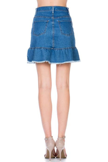 High Waisted A-line Ruffle Hem Denim Skirt by O2 Denim | Fleurcouture