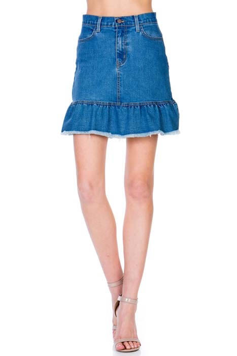 High Waisted A-line Ruffle Hem Denim Skirt by O2 Denim | Fleurcouture