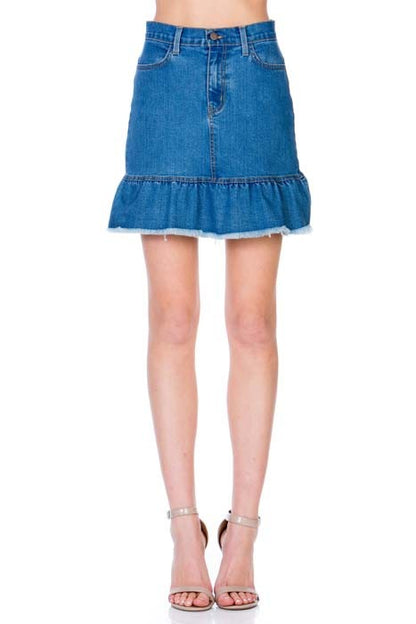 High Waisted A-line Ruffle Hem Denim Skirt by O2 Denim | Fleurcouture