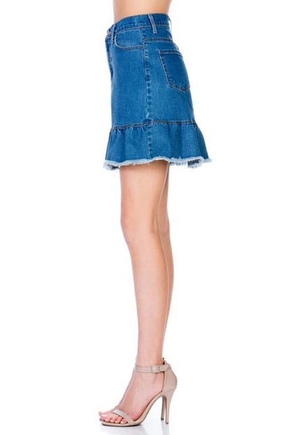 High Waisted A-line Ruffle Hem Denim Skirt by O2 Denim | Fleurcouture