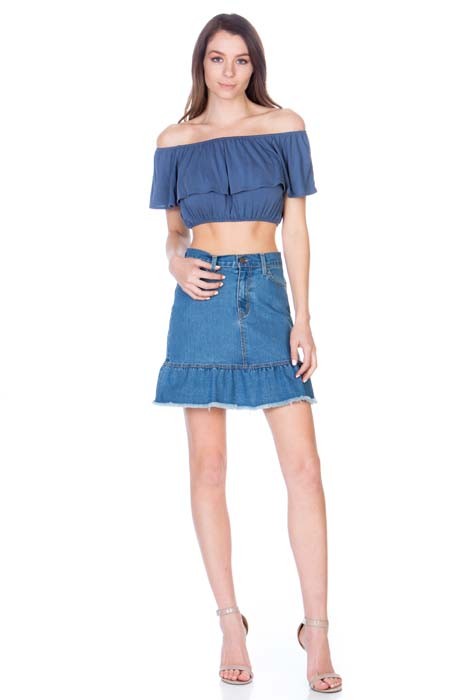 High Waisted A-line Ruffle Hem Denim Skirt by O2 Denim | Fleurcouture