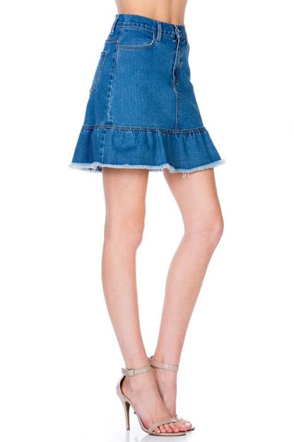 High Waisted A-line Ruffle Hem Denim Skirt by O2 Denim | Fleurcouture