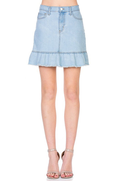 High Waisted A-line Ruffle Hem Denim Skirt by O2 Denim | Fleurcouture