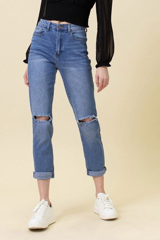 High Waisted Boyfriend Jeans Medium Stone Women&