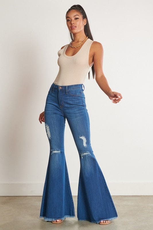 High-Waisted Distressed Flare Jeans Medium Stone 3 Flare Jeans by Vibrant M.i.U | Fleurcouture