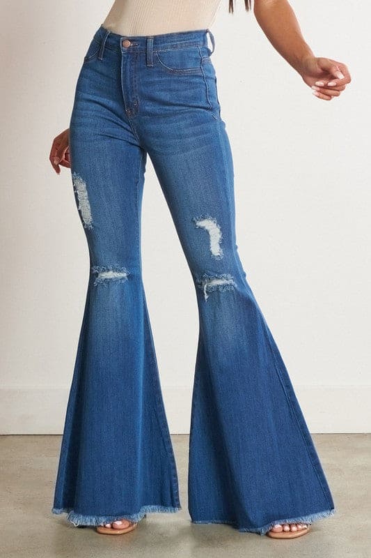 High-Waisted Distressed Flare Jeans Medium Stone Flare Jeans by Vibrant M.i.U | Fleurcouture