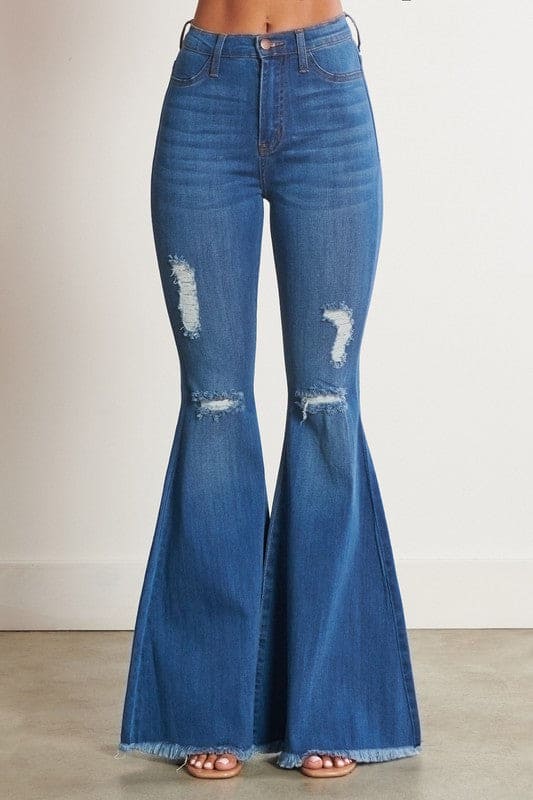 High-Waisted Distressed Flare Jeans Medium Stone Flare Jeans by Vibrant M.i.U | Fleurcouture