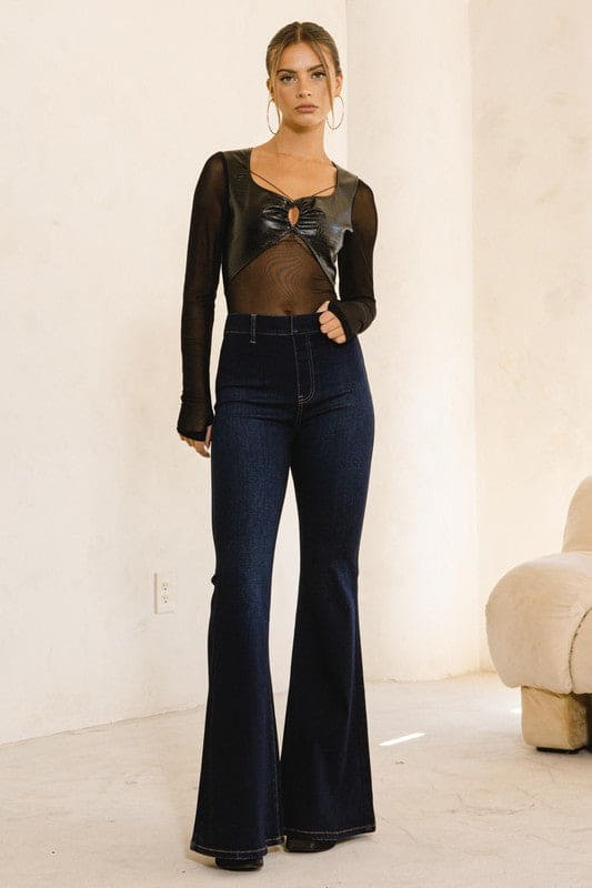 High Waisted Flare Jean Dark Stone 1 Flare Jeans by Vibrant M.i.U | Fleurcouture