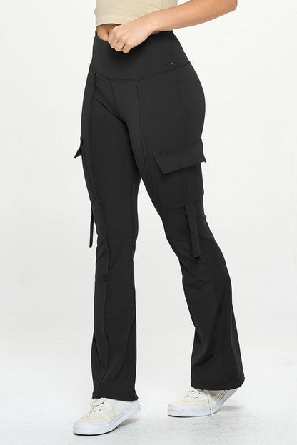 High Waisted Pocket Cargo Flare Casual Leggings Black S by OTOS Active | Fleurcouture