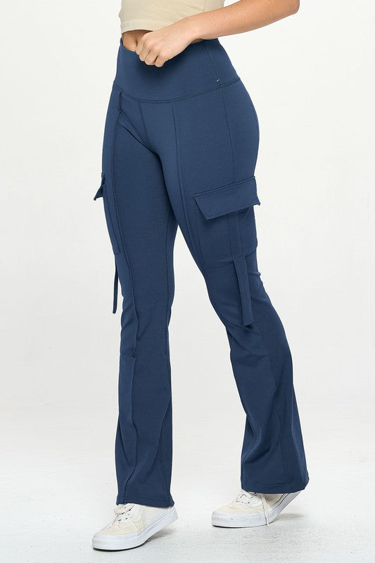 High Waisted Pocket Cargo Flare Casual Leggings Blue S by OTOS Active | Fleurcouture