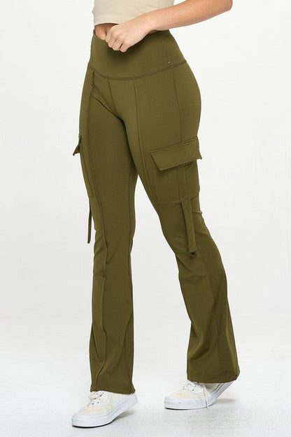 High Waisted Pocket Cargo Flare Casual Leggings Olive S by OTOS Active | Fleurcouture