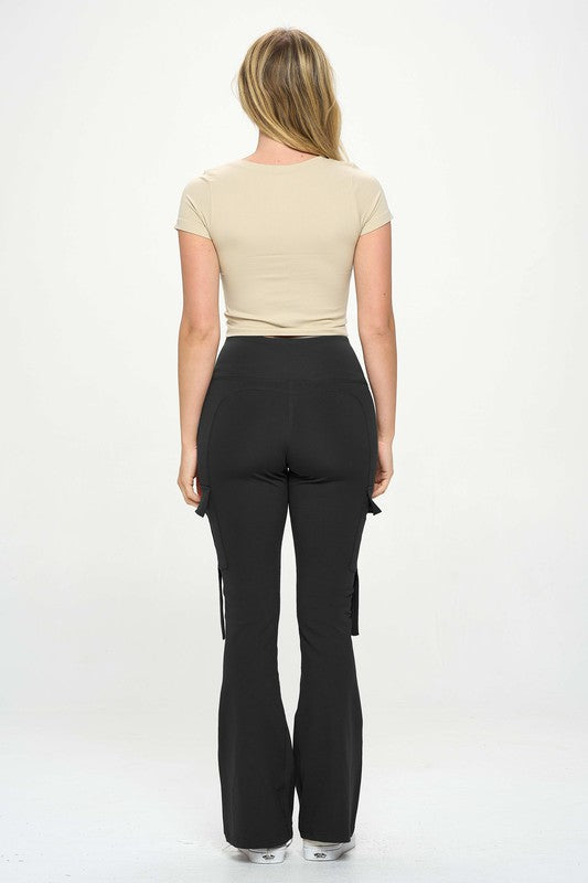 High Waisted Pocket Cargo Flare Casual Leggings by OTOS Active | Fleurcouture