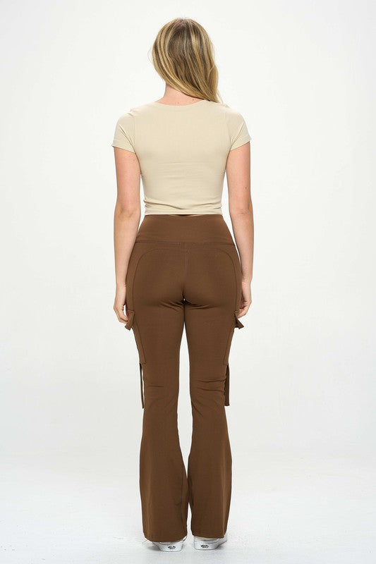 High Waisted Pocket Cargo Flare Casual Leggings by OTOS Active | Fleurcouture