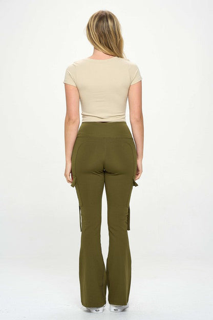 High Waisted Pocket Cargo Flare Casual Leggings by OTOS Active | Fleurcouture