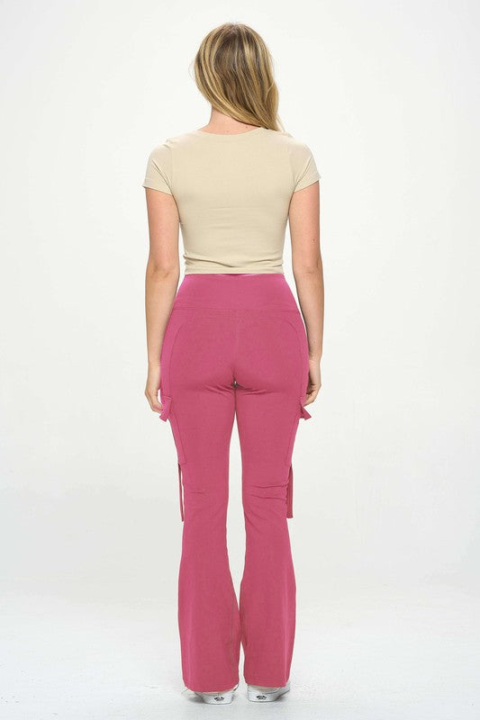 High Waisted Pocket Cargo Flare Casual Leggings Pink S by OTOS Active | Fleurcouture