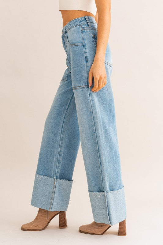 High-Waisted Wide Leg Cuffed Jeans LT DENIM XS by LE LIS | Fleurcouture