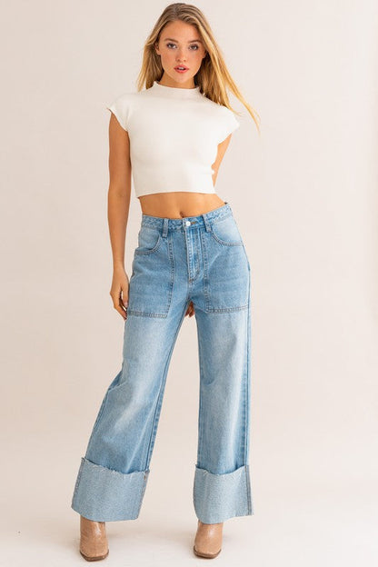 High-Waisted Wide Leg Cuffed Jeans LT DENIM XS by LE LIS | Fleurcouture