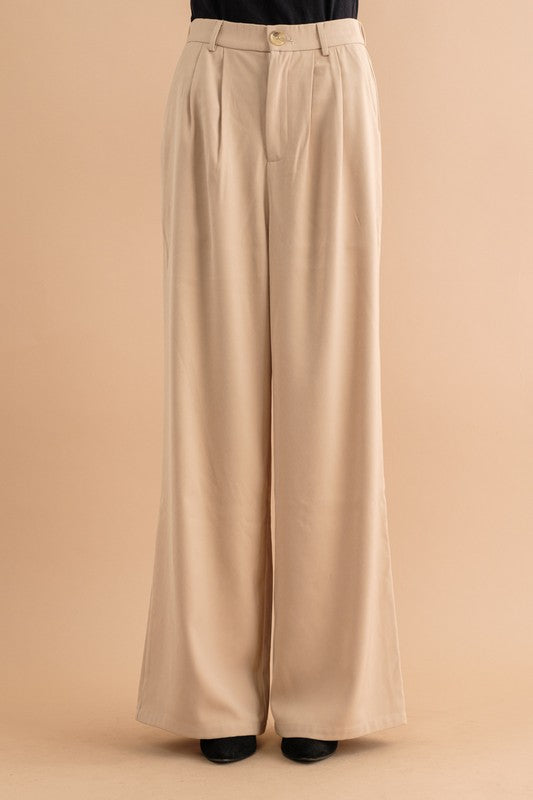 HIGHT WAIST WIDE PANTS Beige S by Sweet Generis | Fleurcouture