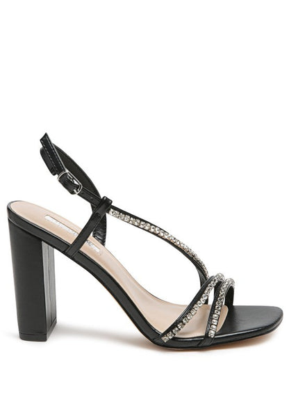 HORIZON RAISINS PIE EMBELLISHED BLOCK HEEL SANDALS Black by Rag Company | Fleurcouture