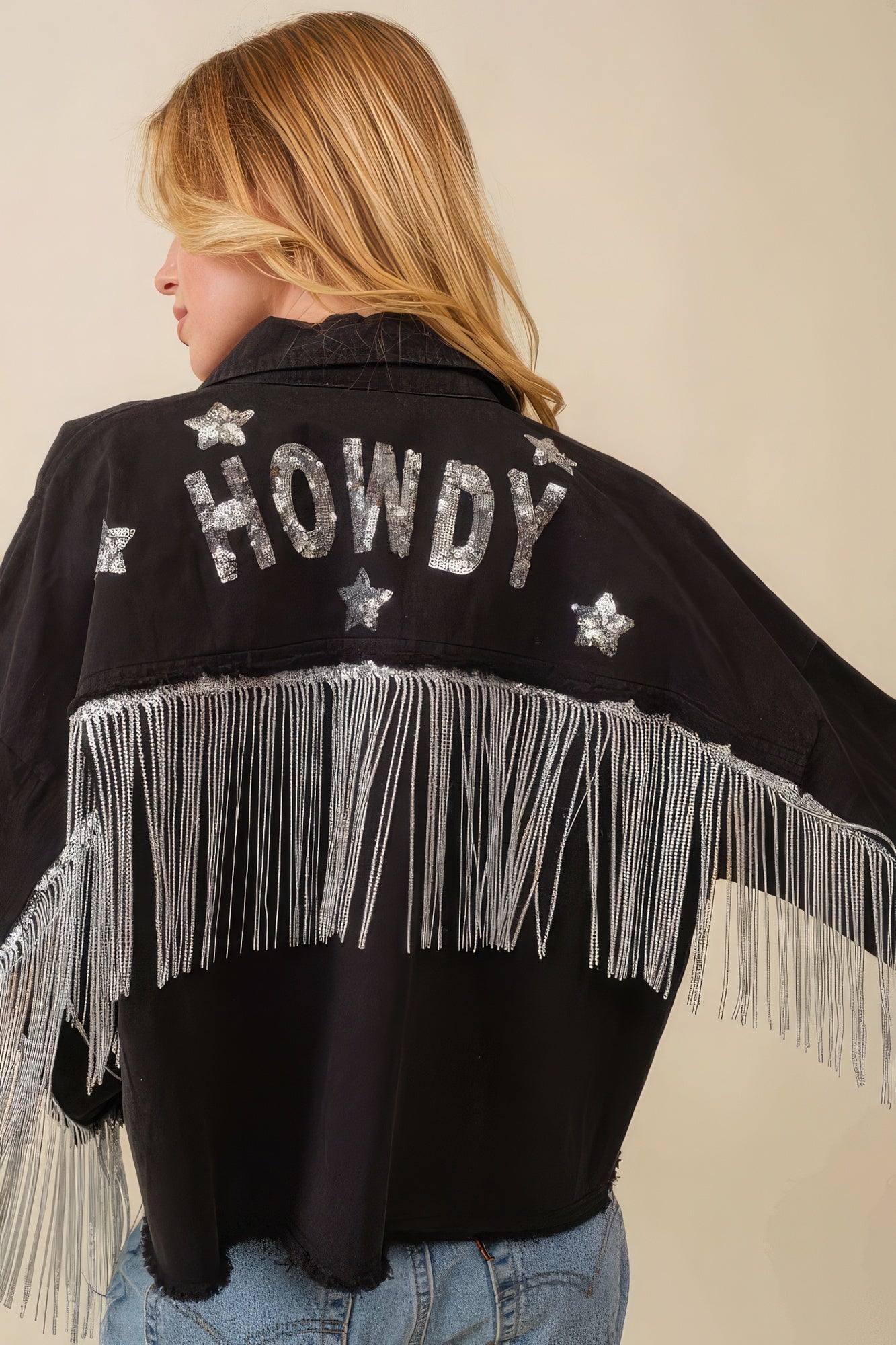 Howdy Sequin Fringe And Star Patches Jacket by Fleurcouture | Fleurcouture