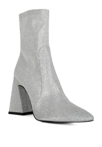 Hustlers Shimmer Block Heeled Ankle Boots Silver 5 by Rag Company | Fleurcouture