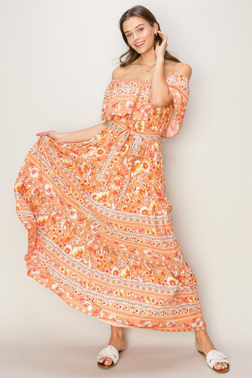 HYFVE Floral Off-Shoulder Tie Front Maxi Dress Apricot S Women&