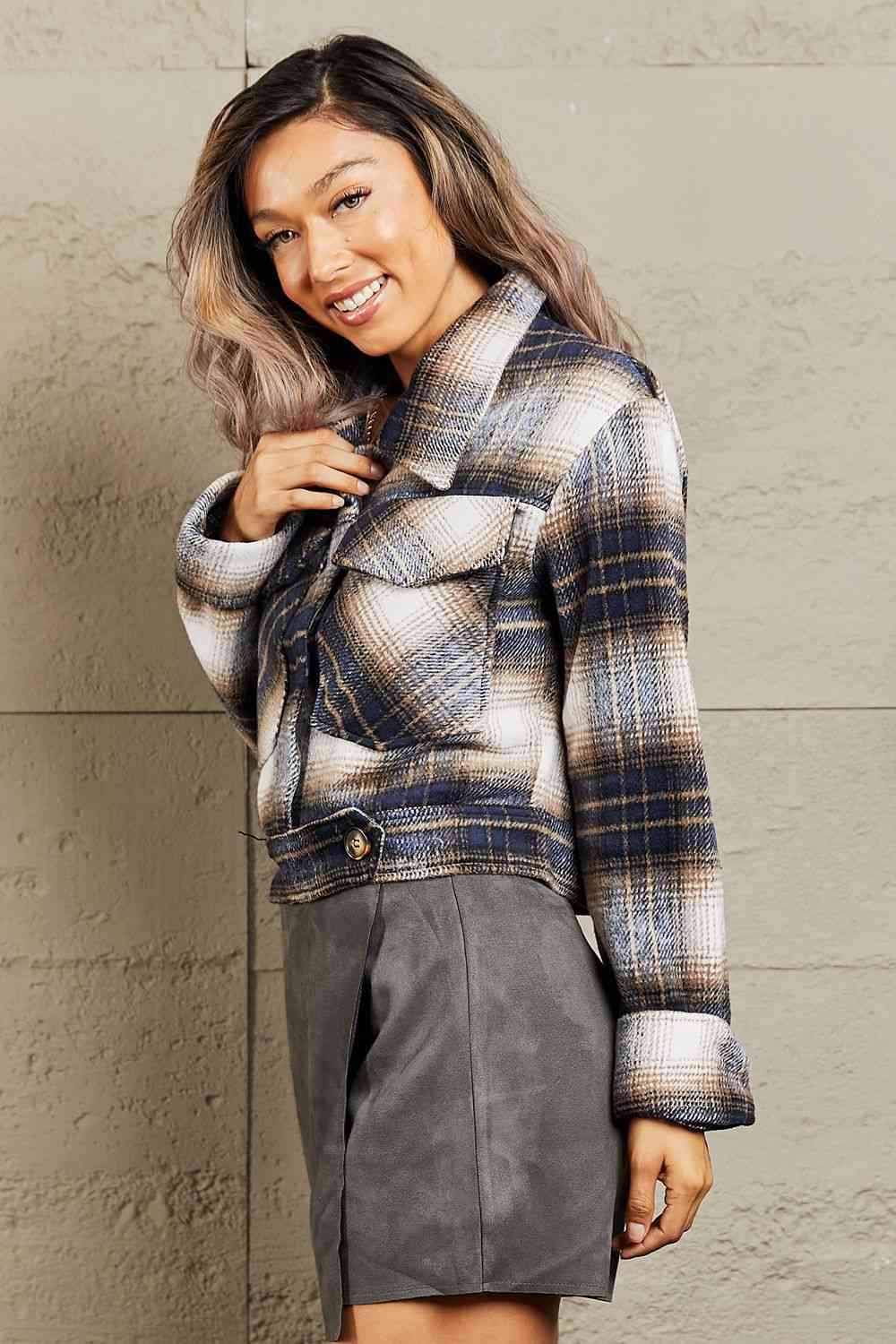 HYFVE Put In Work Semi Cropped Plaid Shacket Plaid by Trendsi | Fleurcouture